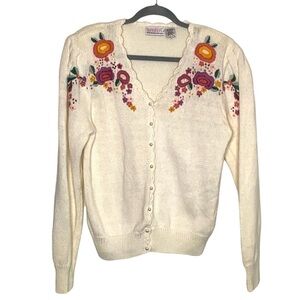 Kristen Women's Vintage Cream Knit Cardigan Pearl Button Floral Embroidery Large